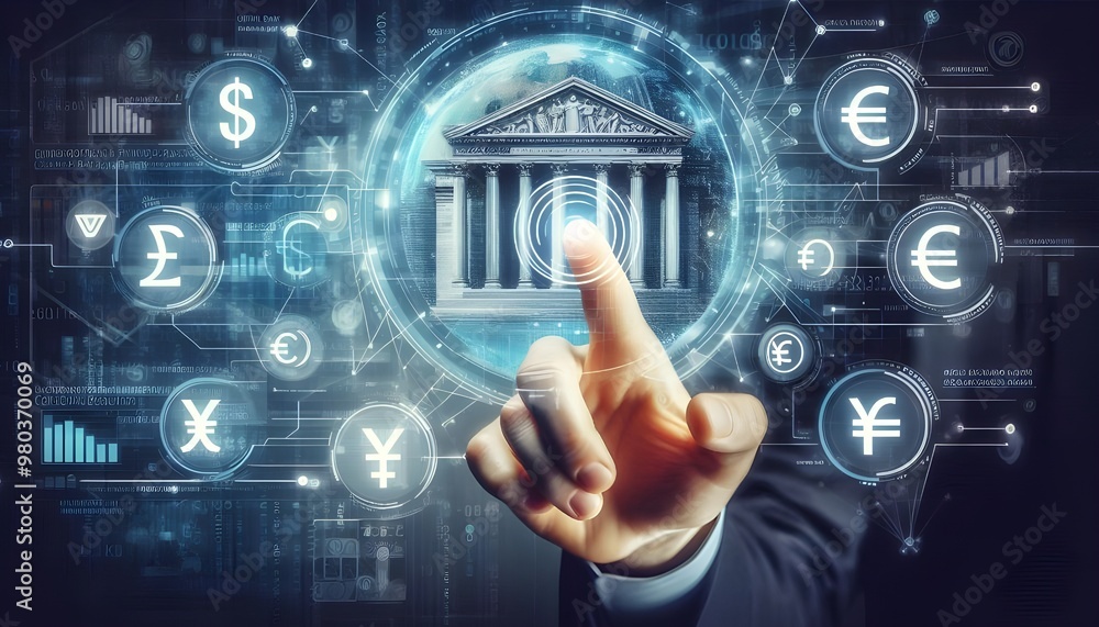 Online banking and digital money concept with man finger on virtual touch screen interface with central bank layout surrounded currency signs: dollar, euro, ruble and yen on abstract background Online banking and digital money concept with man finger on virtual touch screen interface with central bank layout surrounded currency signs: dollar, euro, ruble and yen on abstract background