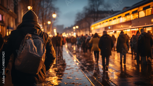 people walking in the city street crowd at winter time