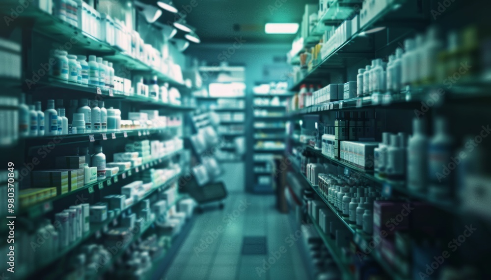 Shelves stocked with various pharmaceutical products in a modern pharmacy Shelves stocked with various pharmaceutical products in a modern pharmacy