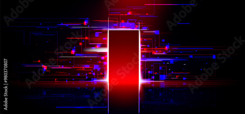 Futuristic open door with digital technology neon light pattern on wall. Realistic 3d vector illustration of portal to tech future with opportunities. Abstract metaverse teleport gate with glow effect