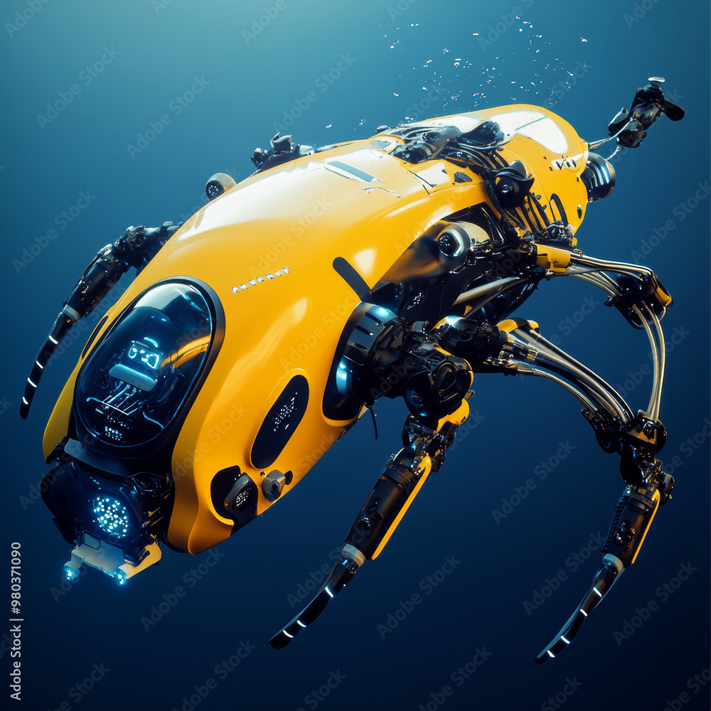 Autonomous underwater ROV equipped with manipulators or robotic arms. A modern remotely operated underwater vehicle designed for deep-sea exploration and monitoring the ocean floor. A fictional subsea Autonomous underwater ROV equipped with manipulators or robotic arms. A modern remotely operated underwater vehicle designed for deep-sea exploration and monitoring the ocean floor. A fictional subsea