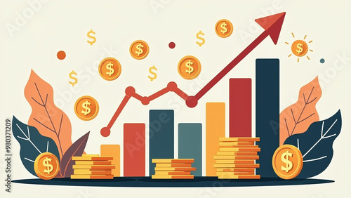 Financial Growth Illustration with Rising Bar Graph and Gold Coins