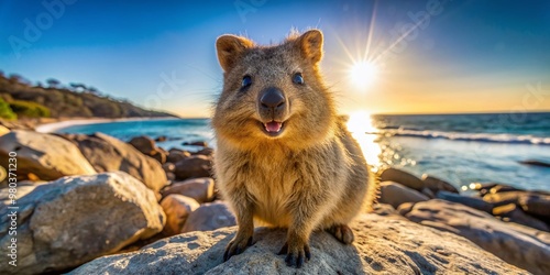 A joyful quokka basks in warm sunshine on rocky outcroppings at the beach, its bright smile and twinkling eyes radiating happiness in the sun-kissed coastal scene. photo