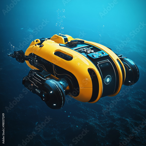 Autonomous underwater ROV equipped with manipulators or robotic arms. A modern remotely operated underwater vehicle designed for deep-sea exploration and monitoring the ocean floor. A fictional subsea photo