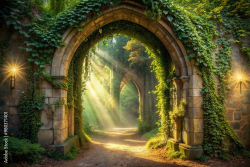 An ancient, ivy-shrouded archway beckons with an otherworldly glow, revealing a shimmering veil that separates the mundane from the mystical and unknown.