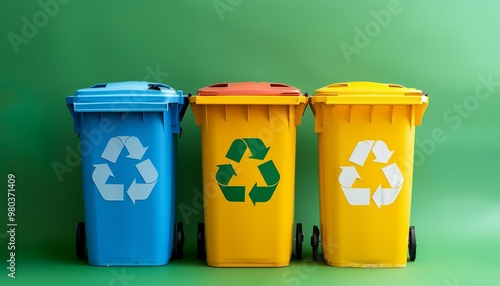 Three colorful recycle bins lined up against a green background photo