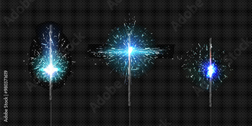 Bengal blue fire candle with sparkler firework light on dark transparent background. Realistic 3d vector illustration set of Christmas and birthday party stick with sparks and burning flash effect.