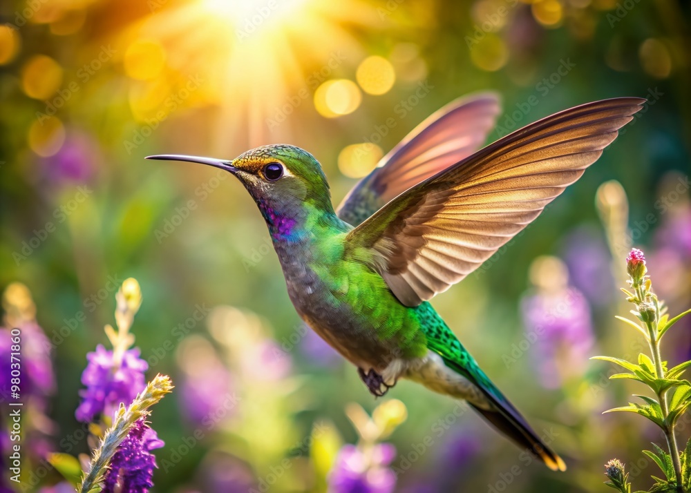 Fototapeta premium Vibrant iridescent feathers glisten as a hummingbird in mid-air flaps its wings rapidly, suspended amidst lush green foliage and delicate purple flowers in warm sunlight.