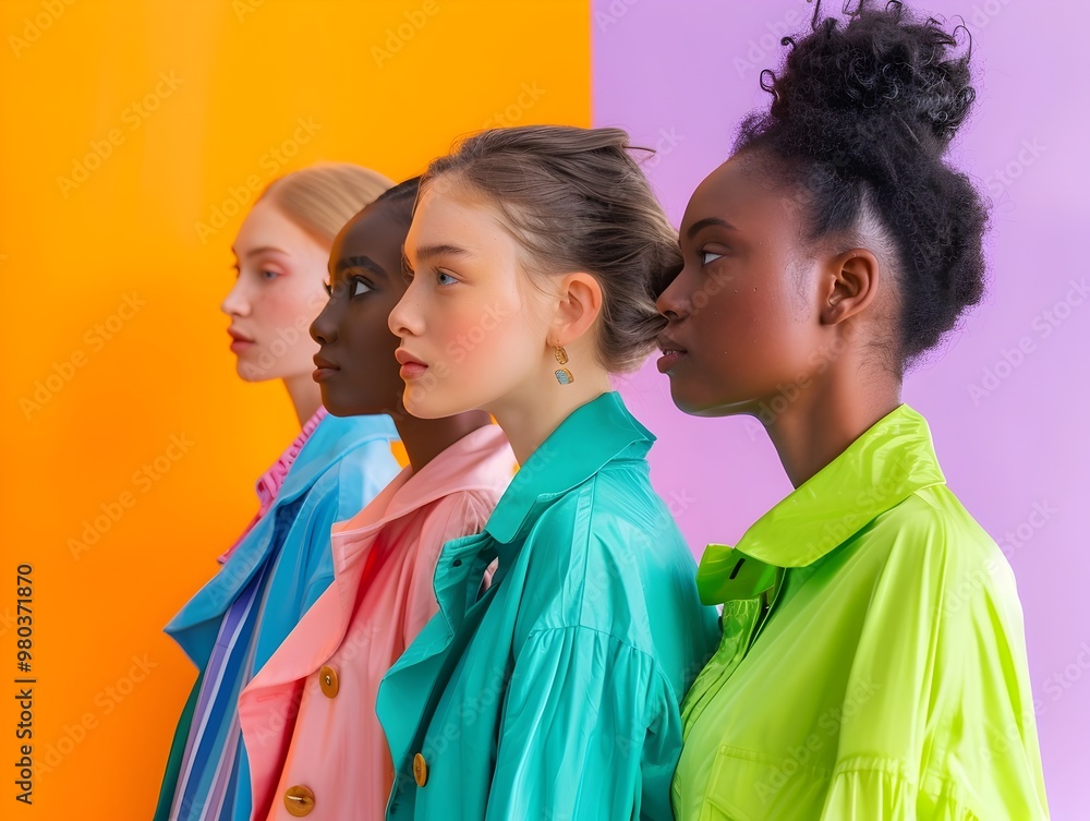 Diverse Models Showcase Eco Conscious Sustainable Fashion Designs in Vibrant Studio Setting Diverse Models Showcase Eco Conscious Sustainable Fashion Designs in Vibrant Studio Setting