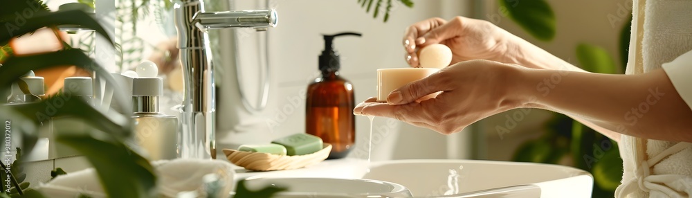 Eco Conscious Skincare Routine in Serene Bathroom Setting Eco Conscious Skincare Routine in Serene Bathroom Setting