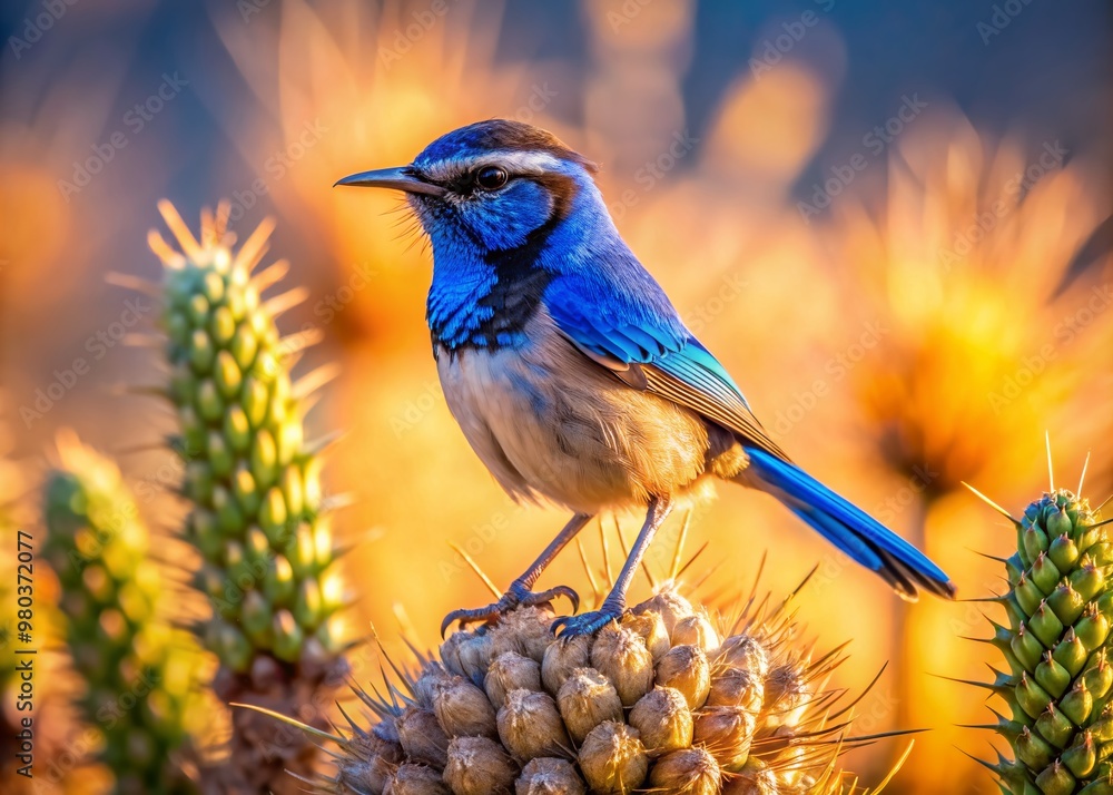 Vibrant blue cactus wren perches on a desert shrub, showcasing its stunning plumage amidst a backdrop of dry, arid landscape and warm golden sunlight. Vibrant blue cactus wren perches on a desert shrub, showcasing its stunning plumage amidst a backdrop of dry, arid landscape and warm golden sunlight.