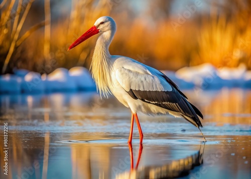 Majestic white stork stands calmly in serene water, its snowy feathers glistening, long neck bent, and sharp eyes scanning the rippled surface for fish. photo