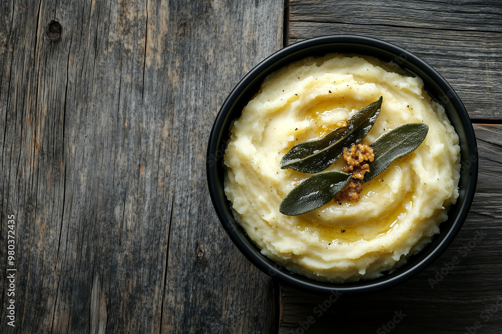 Brown Butter Mashed Potatoes with crispy fried sage leaves in black bowl on rustic wooden table, horizontal view from above, flat lay, free space Brown Butter Mashed Potatoes with crispy fried sage leaves in black bowl on rustic wooden table, horizontal view from above, flat lay, free space