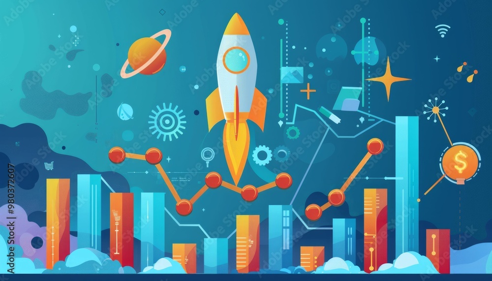 Illustration of a rocket ship launching into space with graphs and data representing a startup companys growth Illustration of a rocket ship launching into space with graphs and data representing a startup companys growth