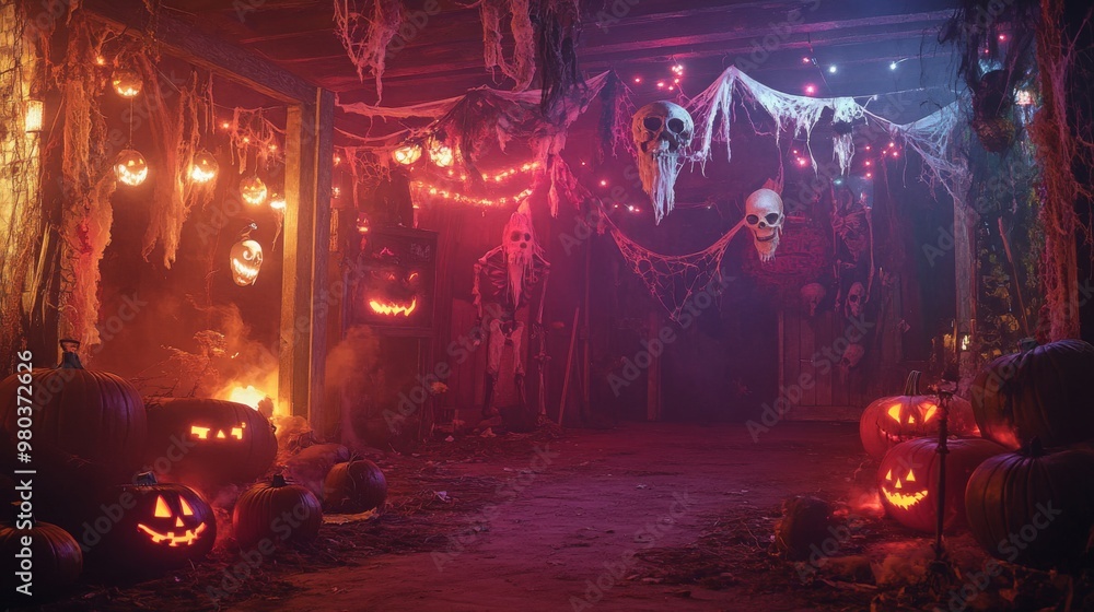A dimly lit basement is decorated for Halloween with string lights, cobwebs, and creepy figures. Many lit pumpkins with carved faces are scattered on the floor, with some hanging from the ceiling A dimly lit basement is decorated for Halloween with string lights, cobwebs, and creepy figures. Many lit pumpkins with carved faces are scattered on the floor, with some hanging from the ceiling