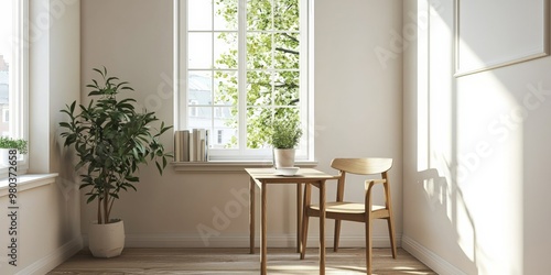 A tiny dining nook with a single chair and a small table set by a window, the room bathed in natural light and devoid of any clutter.