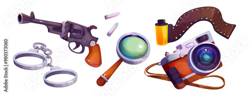 Police detective equipment set isolated on white background. Vector cartoon illustration of handgun and bullets, handcuffs, magnifying glass, vintage photo camera and film, forensic science assets