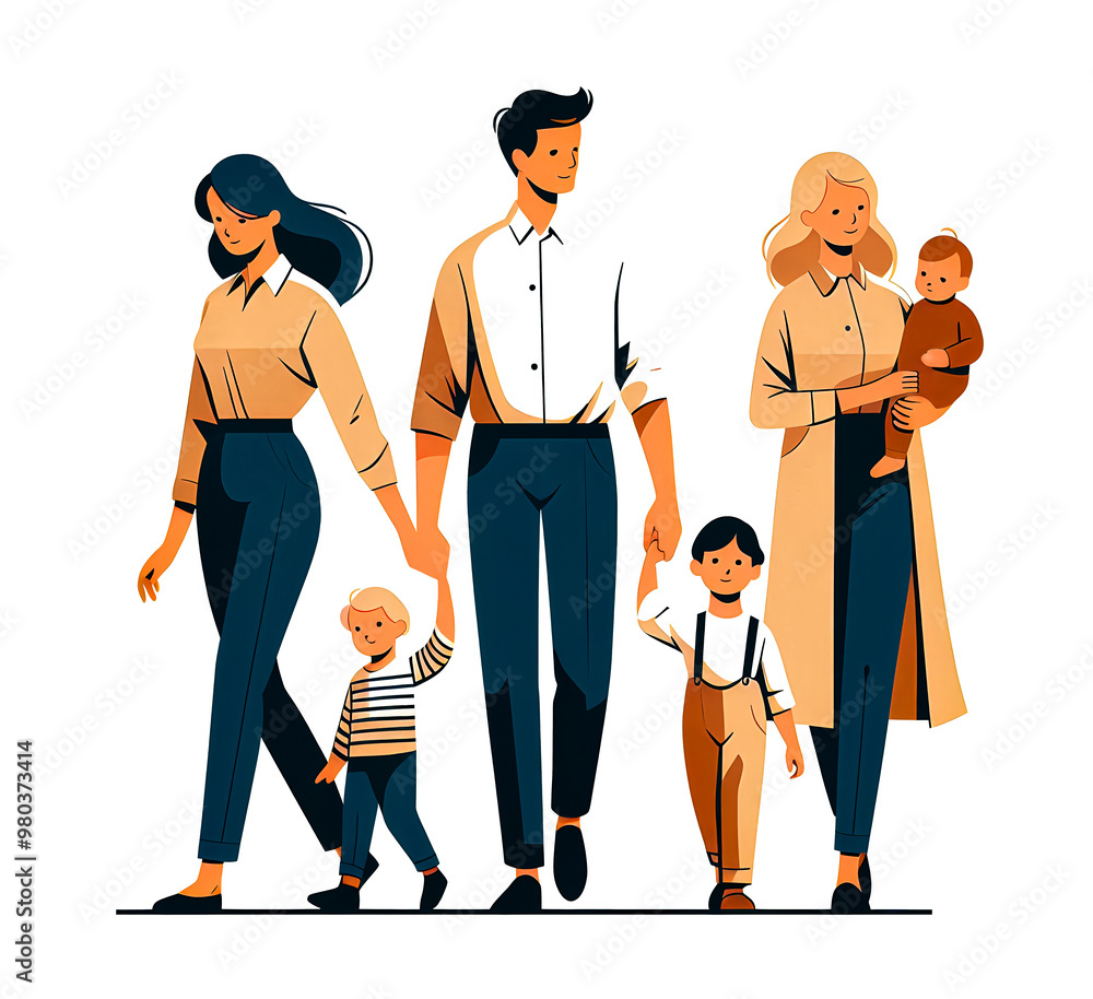 Vector illustration of a family holding hands and happily traveling together on a white background. Vector illustration of a family holding hands and happily traveling together on a white background.