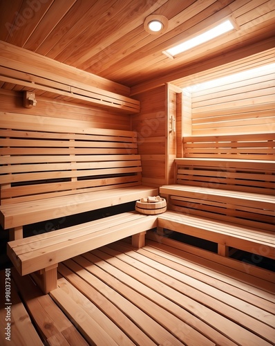 Sauna room with wooden benches and soft steam