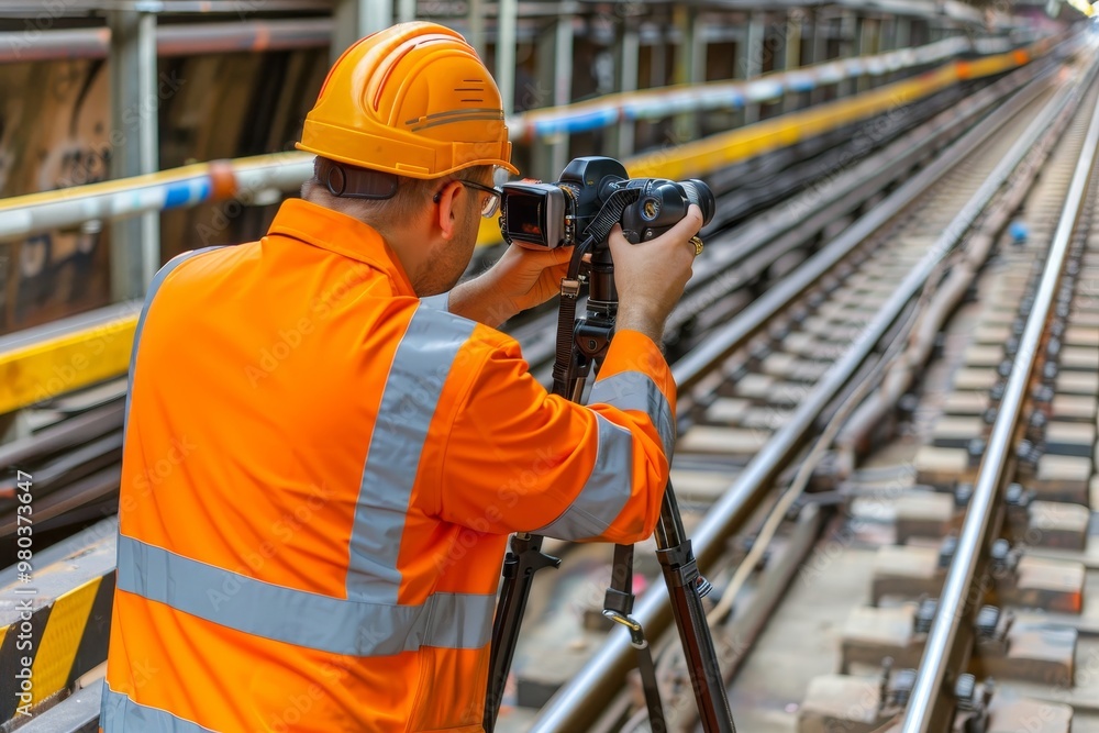 Engineer Taking Photos of Railway Tracks for Inspection During Underground Station Construction. Engineer Taking Photos of Railway Tracks for Inspection During Underground Station Construction.