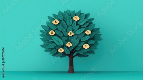 A creative illustration of a money tree symbolizing financial growth and prosperity with vibrant green leaves and dollar signs.