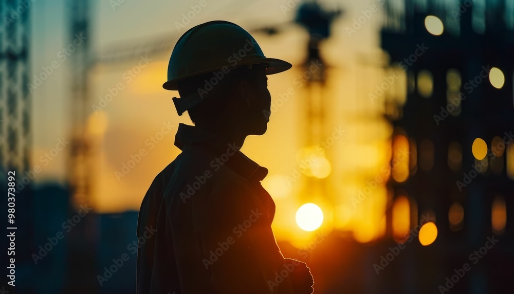 Construction worker silhouette at sunset on building site Construction worker silhouette at sunset on building site