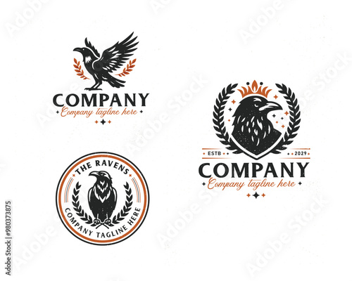 Set vintage bundle black wild raven logo design for business company