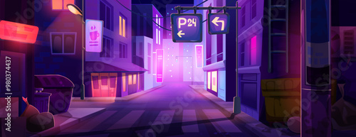 Modern neon city street at night. Vector cartoon illustration of dark downtown road perspective, illuminated buildings with windows, cafe and parking sign, zebra crossing, waste containers on sidewalk