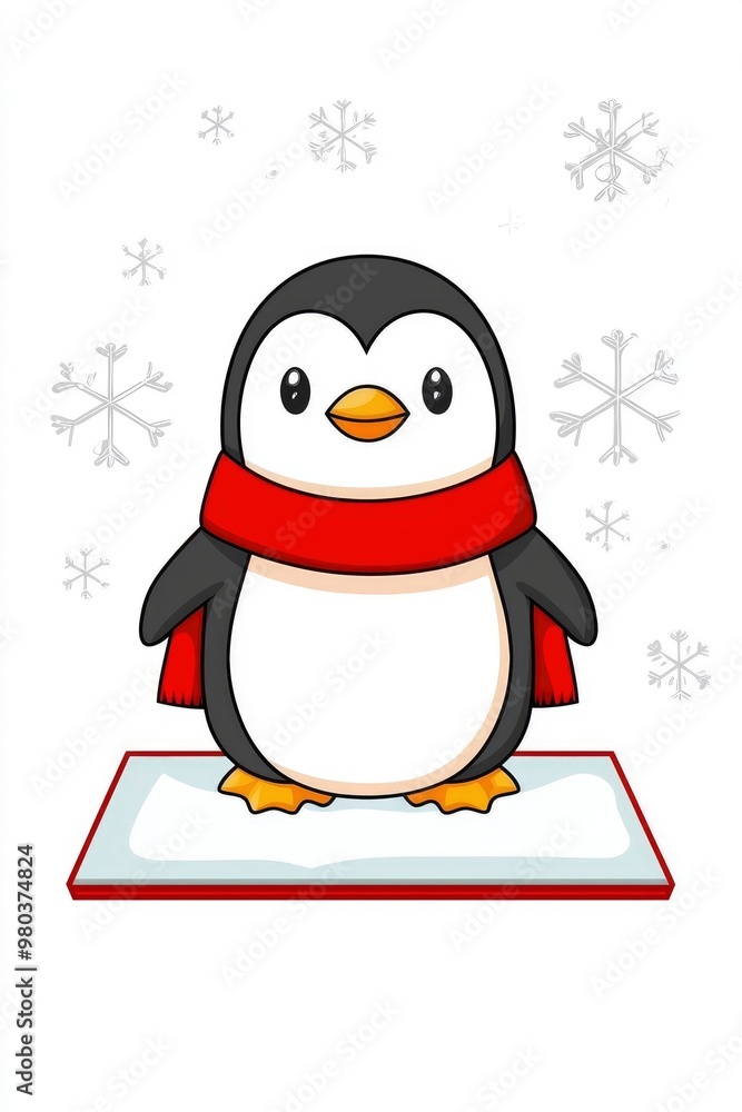 Naklejka premium Cute Cartoon Penguin Wearing a Red Scarf in the Snow