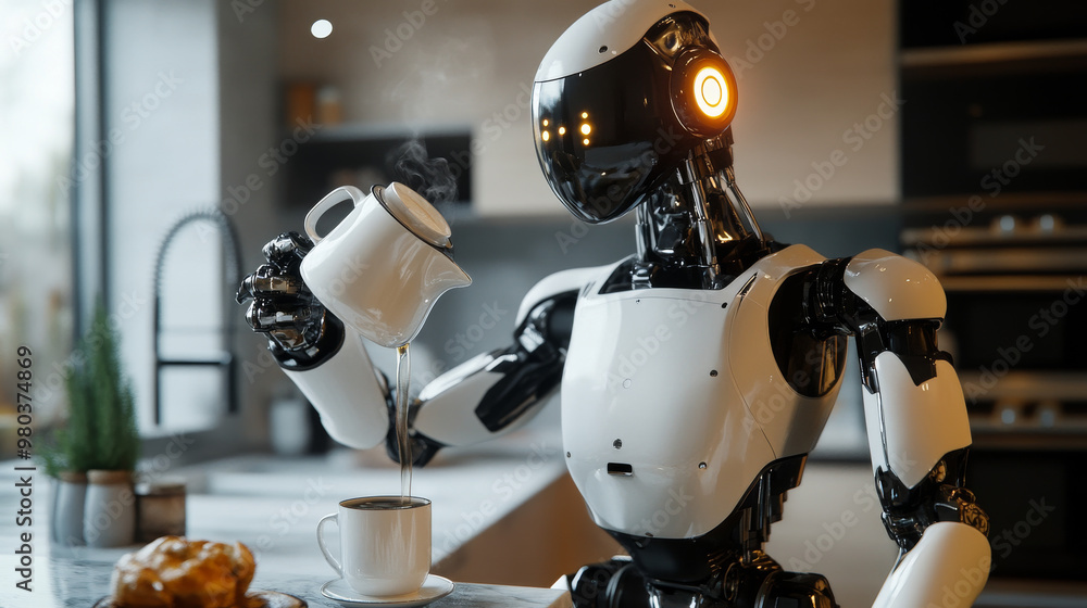 AI robot servant preparing breakfast and coffee in the kitchen. The automated robotic assistant holds a teapot, pouring coffee into a mug. Robot chef with artificial intelligence, acting as a kitchen AI robot servant preparing breakfast and coffee in the kitchen. The automated robotic assistant holds a teapot, pouring coffee into a mug. Robot chef with artificial intelligence, acting as a kitchen