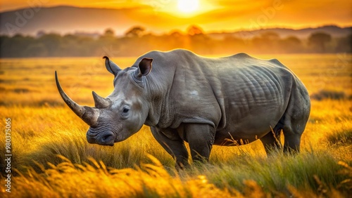A majestic rhino roams freely in a sun-kissed savannah, its rough grey skin adorned with tiny oxpeckers, basking in the warm golden hour light of the African plains.