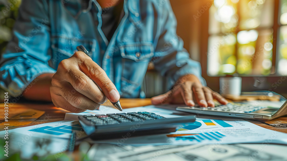Businessman calculating finance and doing investment with calculator Businessman calculating finance and doing investment with calculator