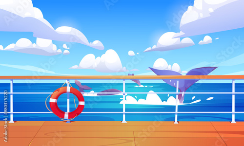 View from ship deck with wooden floor, railing and lifebuoy on sea or ocean with wild whales swimming and jumping in water, showing big tail. Cartoon vector seascape for cruise trip concept.