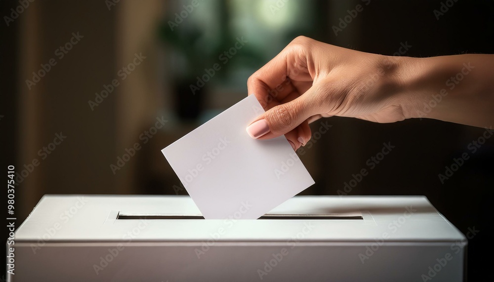 A hand places a ballot into a voting box, symbolizing the strength of democracy and highlighting the significance of civic responsibility during election time. A hand places a ballot into a voting box, symbolizing the strength of democracy and highlighting the significance of civic responsibility during election time.