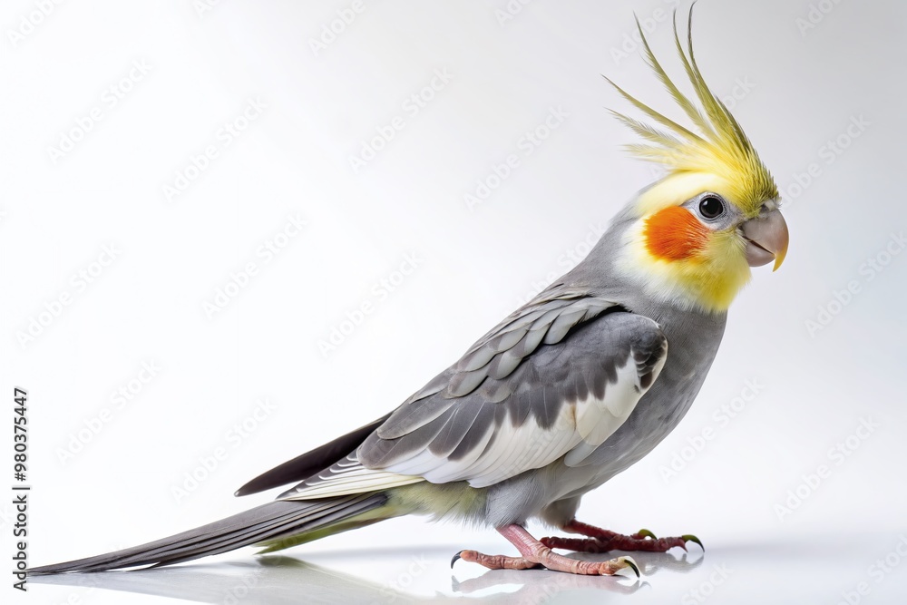 Vibrant cockatiel in side view, showcasing its full body with bright grey and white feathers, perched on invisible surface against transparent background. Vibrant cockatiel in side view, showcasing its full body with bright grey and white feathers, perched on invisible surface against transparent background.