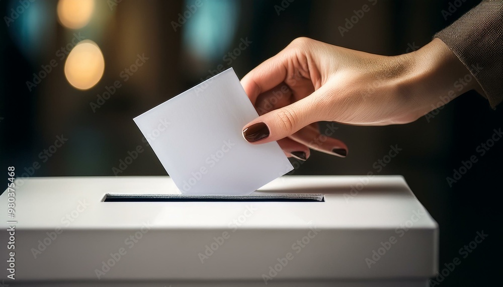 A hand places a ballot into a voting box, symbolizing the strength of democracy and highlighting the significance of civic responsibility during election time. A hand places a ballot into a voting box, symbolizing the strength of democracy and highlighting the significance of civic responsibility during election time.