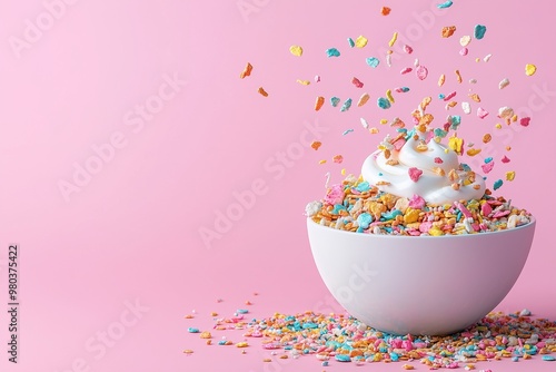 Colorful cereal with yogurt in a bowl against pink background. 
