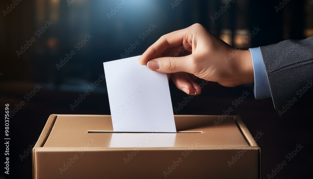 A hand places a ballot into a voting box, symbolizing the strength of democracy and highlighting the significance of civic responsibility during election time. A hand places a ballot into a voting box, symbolizing the strength of democracy and highlighting the significance of civic responsibility during election time.