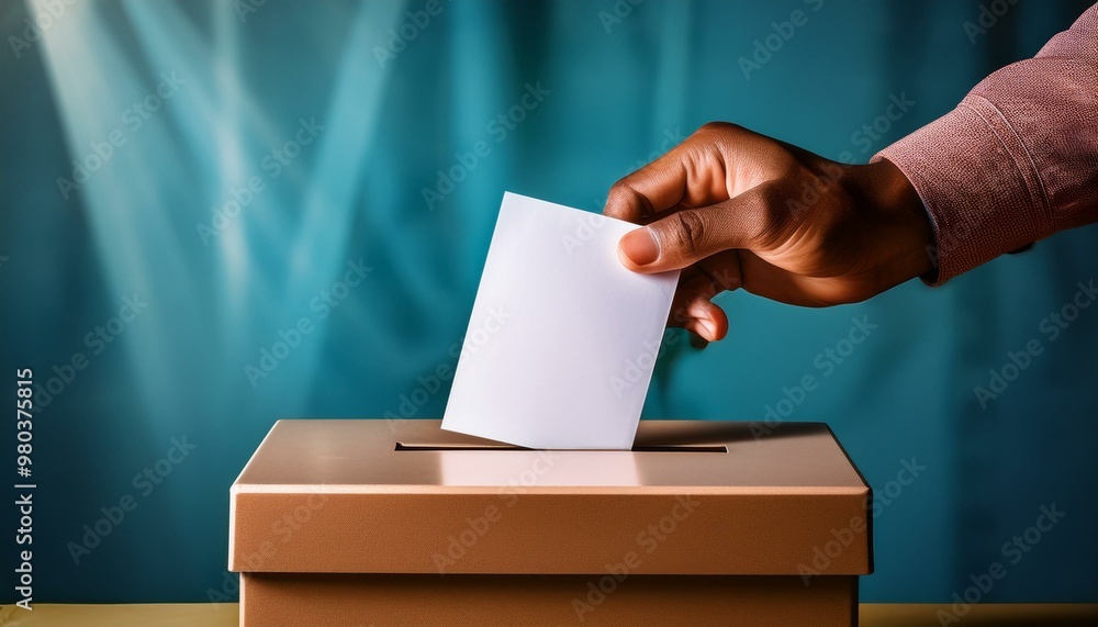 A hand places a ballot into a voting box, symbolizing the strength of democracy and highlighting the significance of civic responsibility during election time. A hand places a ballot into a voting box, symbolizing the strength of democracy and highlighting the significance of civic responsibility during election time.