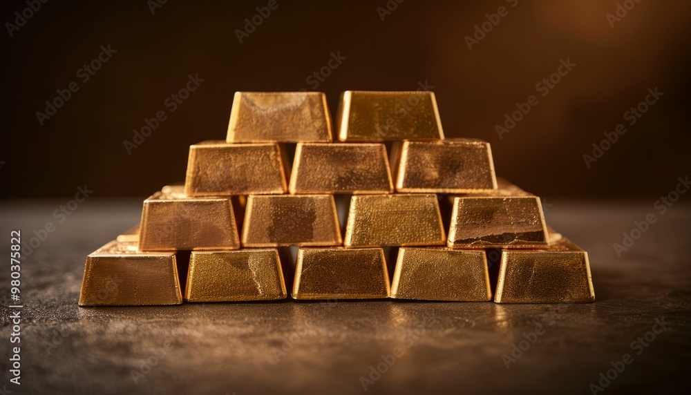 Golden bullion bars stacked in a pyramid shape on dark background Golden bullion bars stacked in a pyramid shape on dark background