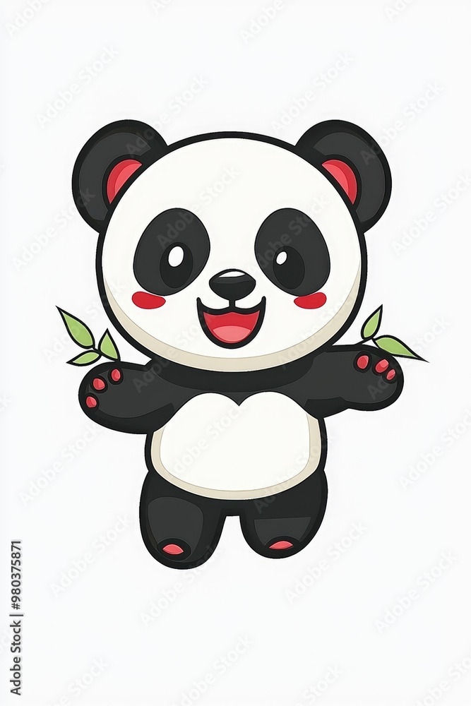 Naklejka premium Cute Cartoon Panda Holding Bamboo Shoots