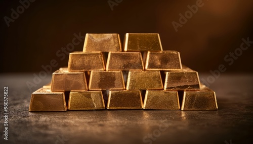 Golden bullion bars stacked in a pyramid shape on dark background photo