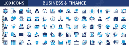 Business and finance flat icons set. Meeting, bank, money, partnership, payments, business team, wallet, profit, company, management, planning icons and more signs. Flat icon collection.