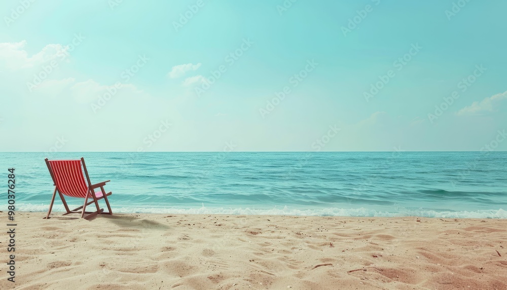 Relaxing beach scene with a lone red chair on the sand Relaxing beach scene with a lone red chair on the sand