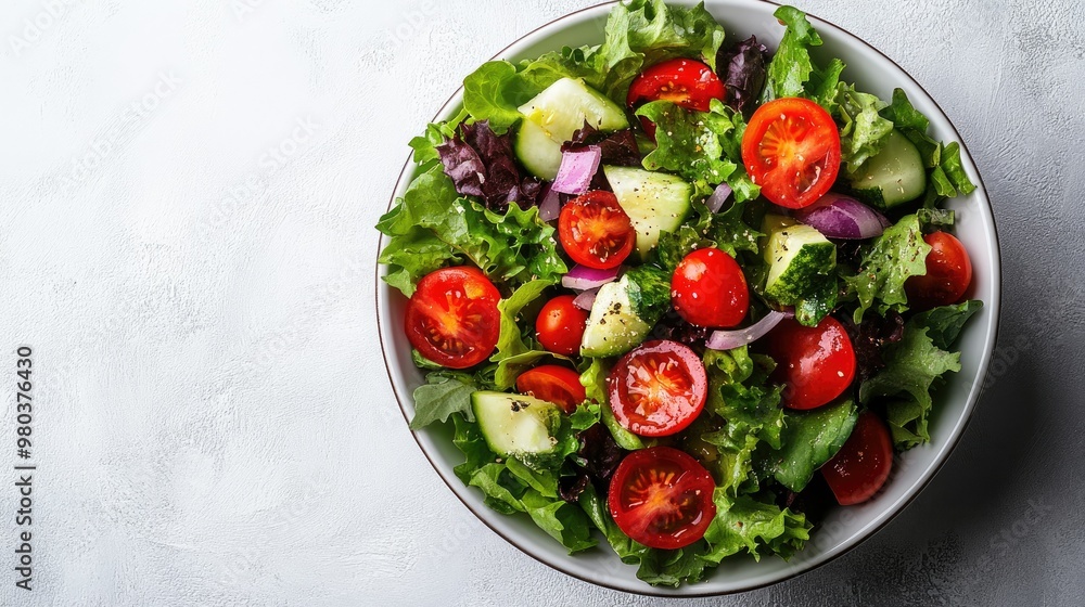 Bowl of fresh salad with vegetables, plain white background Bowl of fresh salad with vegetables, plain white background
