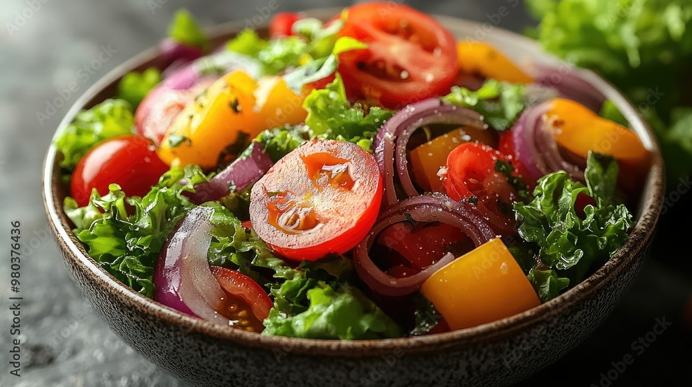 Bowl of fresh salad with vegetables, plain white background Bowl of fresh salad with vegetables, plain white background