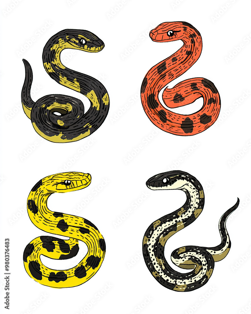 Naklejka premium Cartoon snake characters in a four-panel illustration