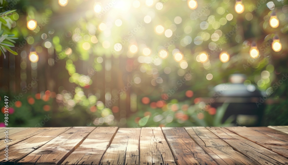 Wooden table in a lush garden with a blurred background of twinkling lights Wooden table in a lush garden with a blurred background of twinkling lights