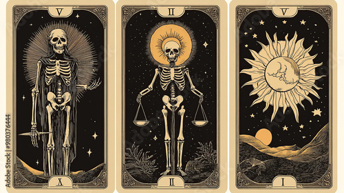 Tarot cards featuring skeleton and justice themes photo