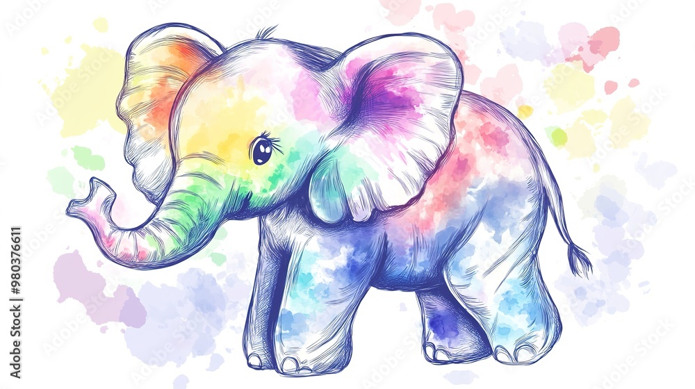 Obraz premium A cute elephant illustration designed in vibrant tie-dye style, blending swirling patterns of bright colors. The whimsical design of the elephant symbolizes creativity, fun, and uniqueness, 